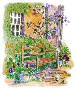 Drawing of a bench in a garden outside a cottage.
