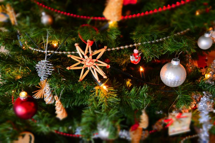Ornaments on a Christmas tree.